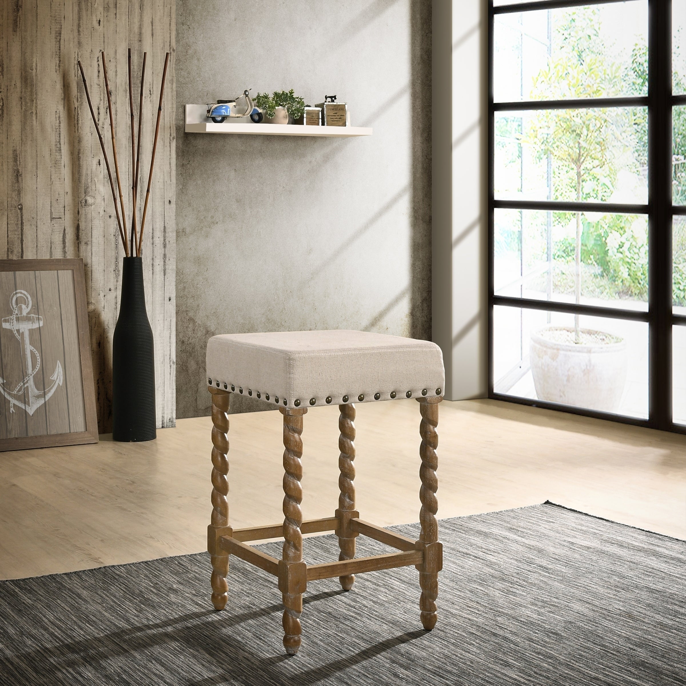 Gracewood Hollow Antoine Cream Linen and Espresso Wood Twisted Leg Bar Stool natural oak/ cream linen 30 Natural Finish Bar height Transitional, FF9XBS